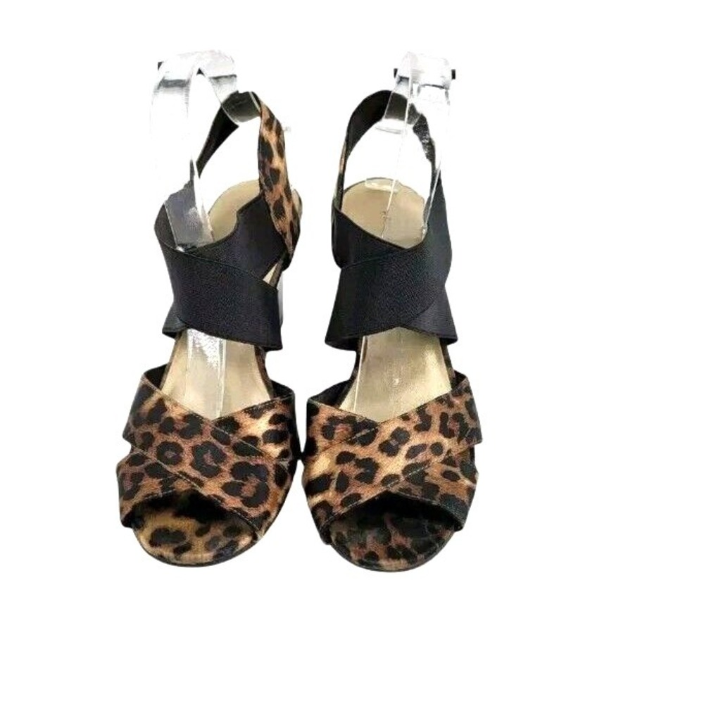 Predictions Wedge Sandal 7W Leopard Open Toe Slide On Satin Strappy‎ Brown
